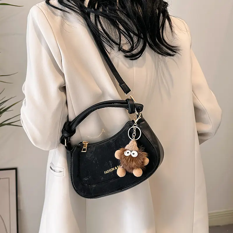 Black Women's Saddle Shoulder Bag with Cute Charm - Image 10