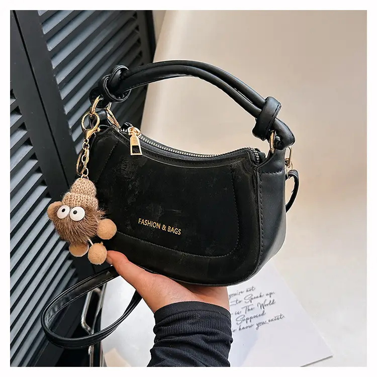 Black Women's Saddle Shoulder Bag with Cute Charm — feature 35
