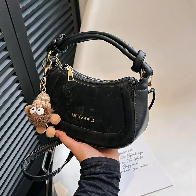 Black Women's Saddle Shoulder Bag with Cute Charm - Image 5