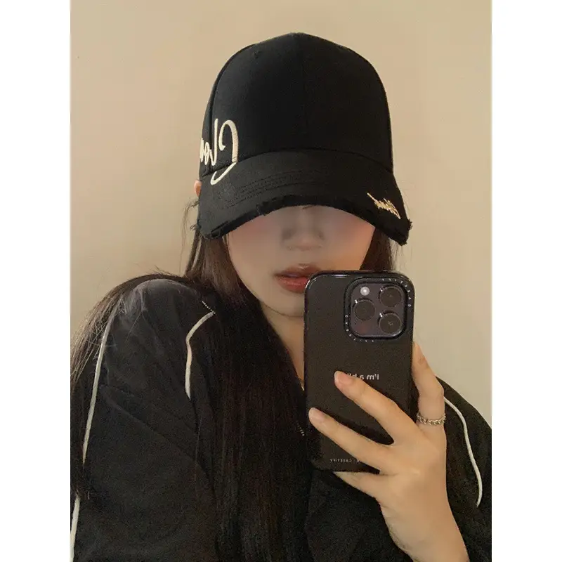 Black Embroidered Women's Brim Cap with Cloud Design - Image 9