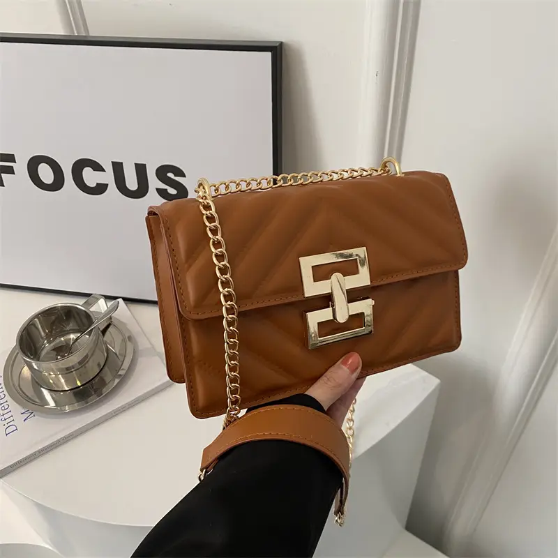 Brown Retro Lock Chain Shoulder Bag for Women - Image 5