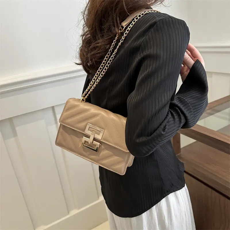 Brown Retro Lock Chain Shoulder Bag for Women - Image 6