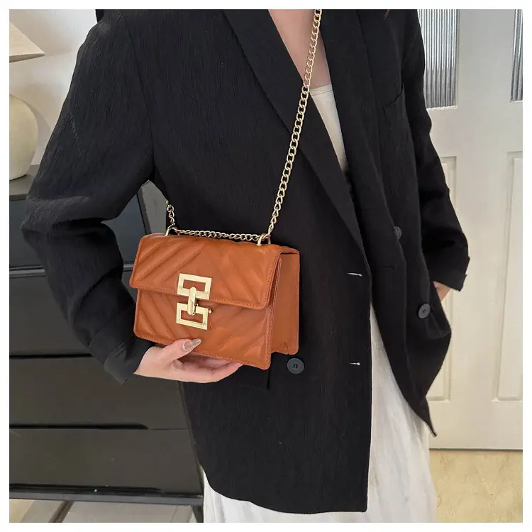 Brown Retro Lock Chain Shoulder Bag for Women — feature 15