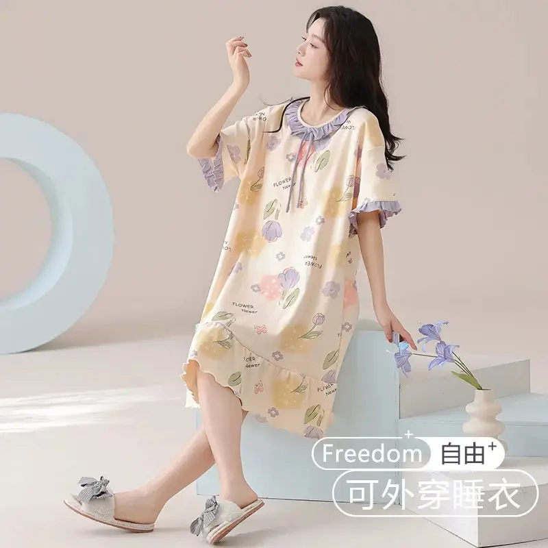 [Pure Cotton] Nightgown Summer Women's Anti-running Pajamas with Chest Pad Women's Cotton Loose plus size Midi Dress for Outer Wear