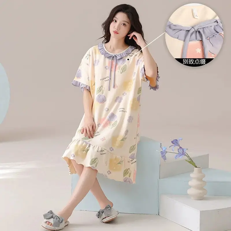 [Pure Cotton] Nightgown Summer Women's Anti-running Pajamas with Chest Pad Women's Cotton Loose plus size Midi Dress for Outer Wear