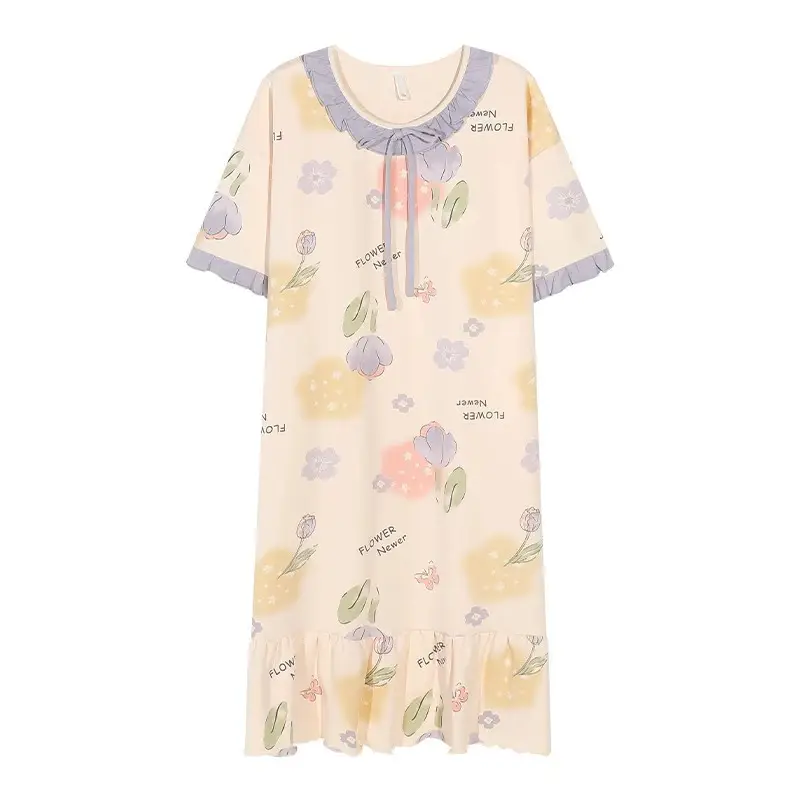 [Pure Cotton] Nightgown Summer Women's Anti-running Pajamas with Chest Pad Women's Cotton Loose plus size Midi Dress for Outer Wear