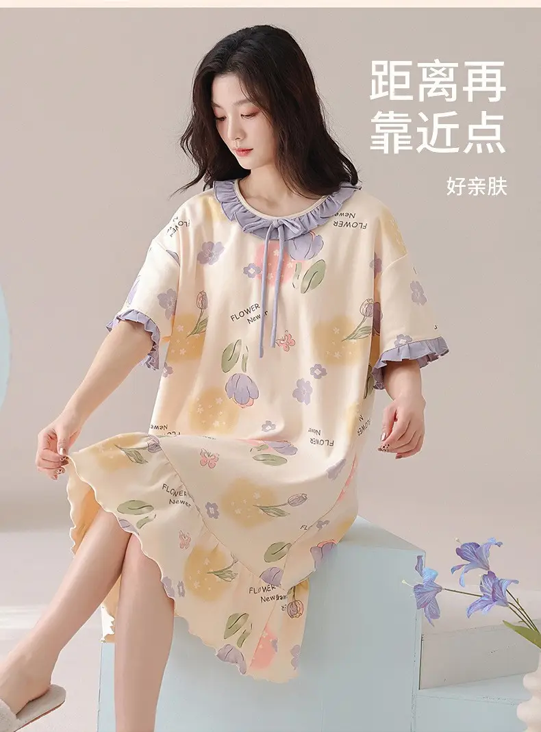 [Pure Cotton] Nightgown Summer Women's Anti-running Pajamas with Chest Pad Women's Cotton Loose plus size Midi Dress for Outer Wear — feature 10