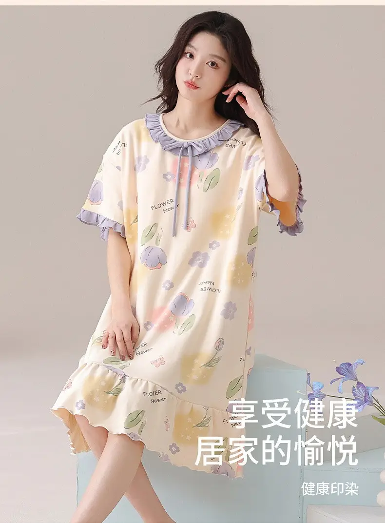 [Pure Cotton] Nightgown Summer Women's Anti-running Pajamas with Chest Pad Women's Cotton Loose plus size Midi Dress for Outer Wear — feature 11
