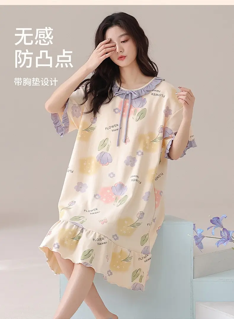 [Pure Cotton] Nightgown Summer Women's Anti-running Pajamas with Chest Pad Women's Cotton Loose plus size Midi Dress for Outer Wear — feature 12
