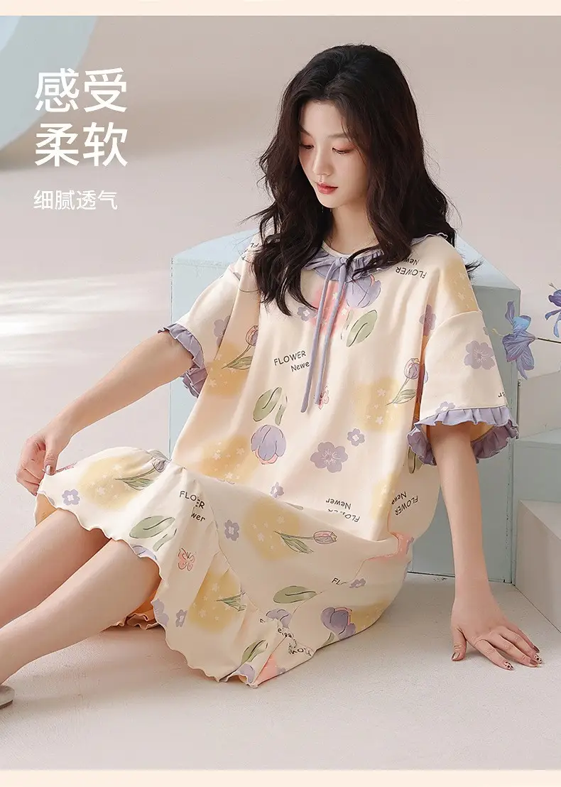 [Pure Cotton] Nightgown Summer Women's Anti-running Pajamas with Chest Pad Women's Cotton Loose plus size Midi Dress for Outer Wear — feature 13