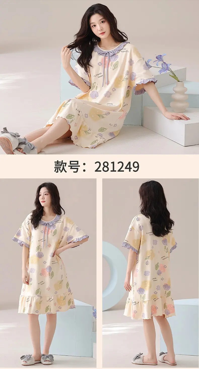 [Pure Cotton] Nightgown Summer Women's Anti-running Pajamas with Chest Pad Women's Cotton Loose plus size Midi Dress for Outer Wear — feature 14