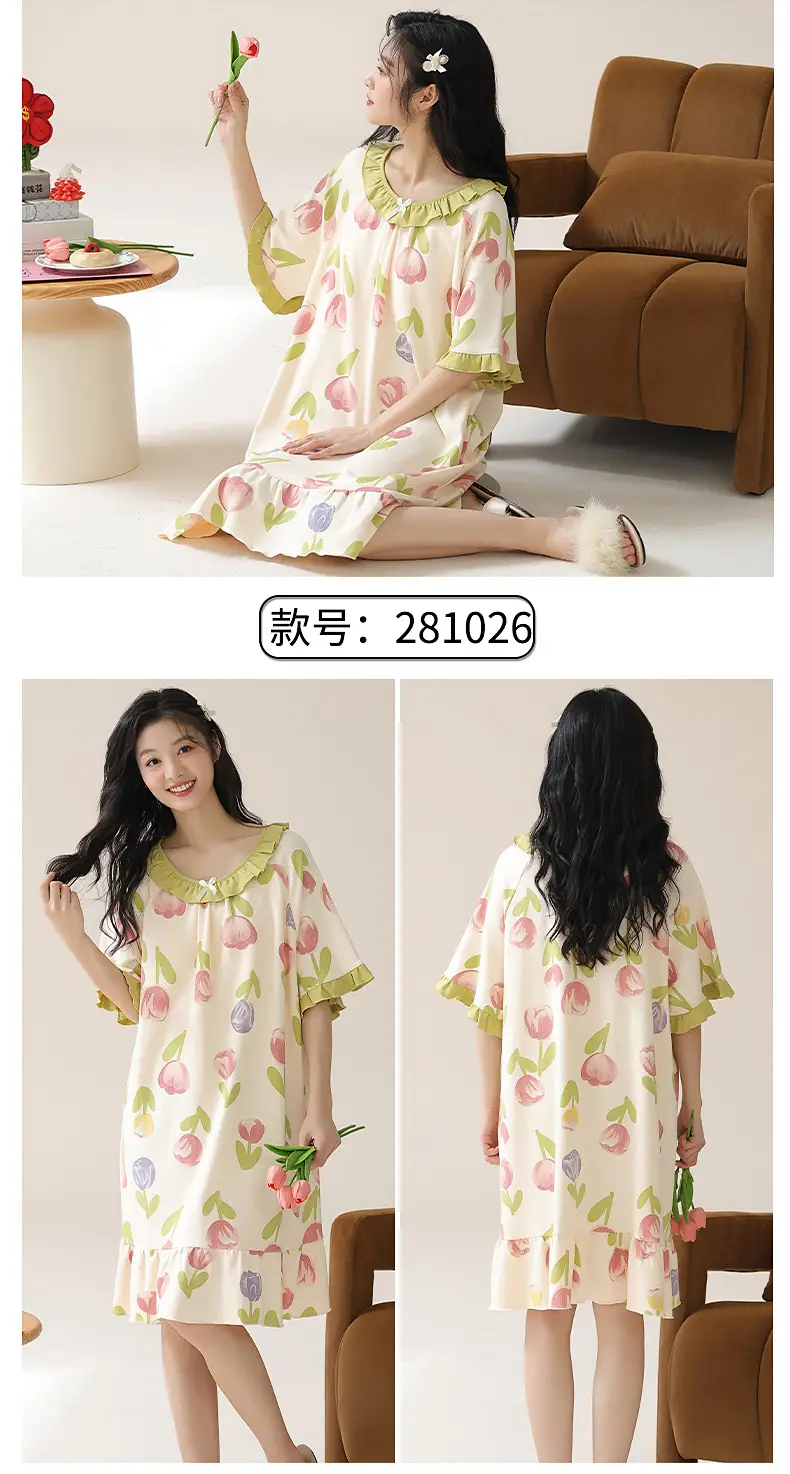 [Pure Cotton] Nightgown Summer Women's Anti-running Pajamas with Chest Pad Women's Cotton Loose plus size Midi Dress for Outer Wear — feature 15