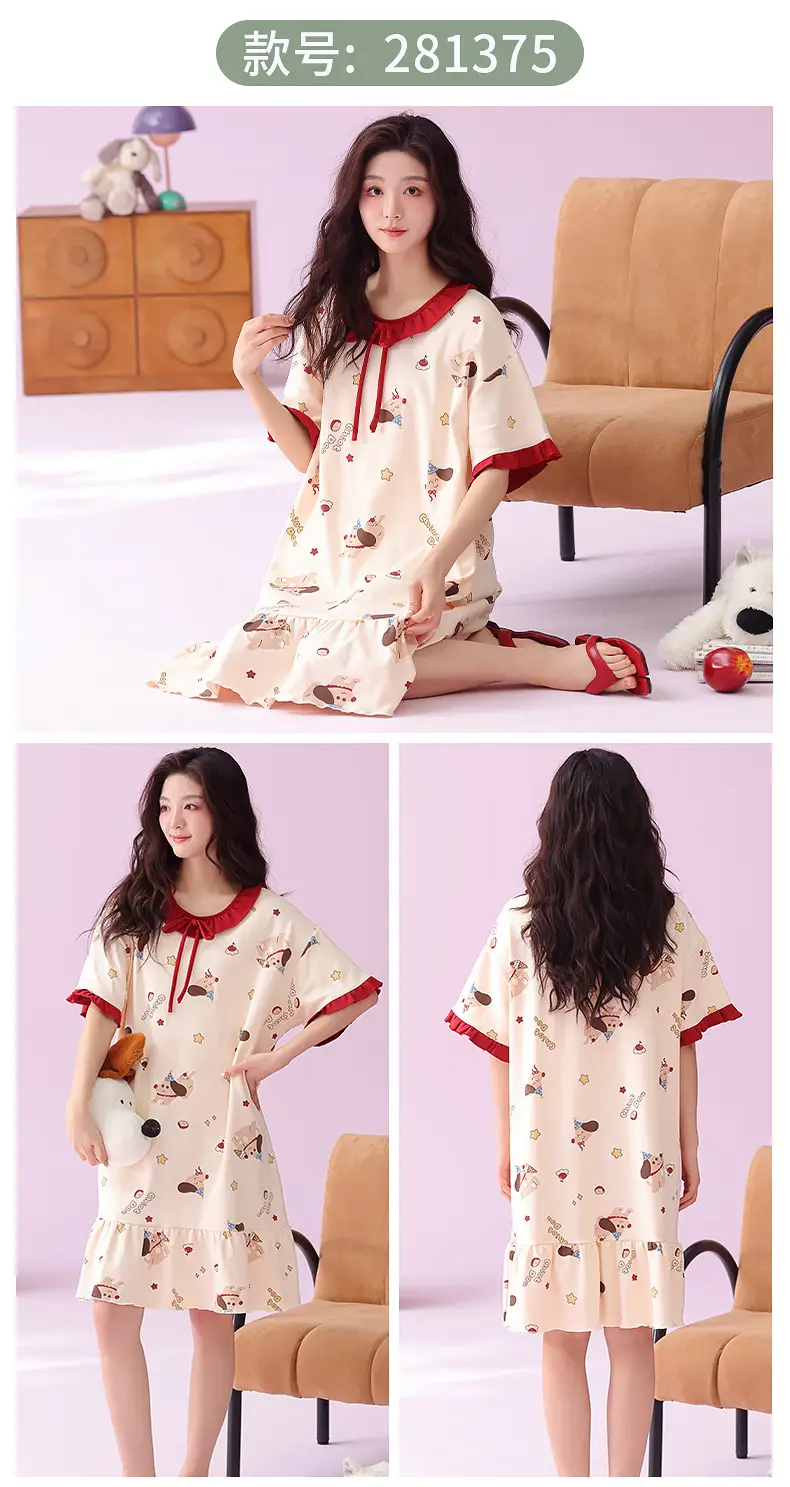 [Pure Cotton] Nightgown Summer Women's Anti-running Pajamas with Chest Pad Women's Cotton Loose plus size Midi Dress for Outer Wear — feature 16