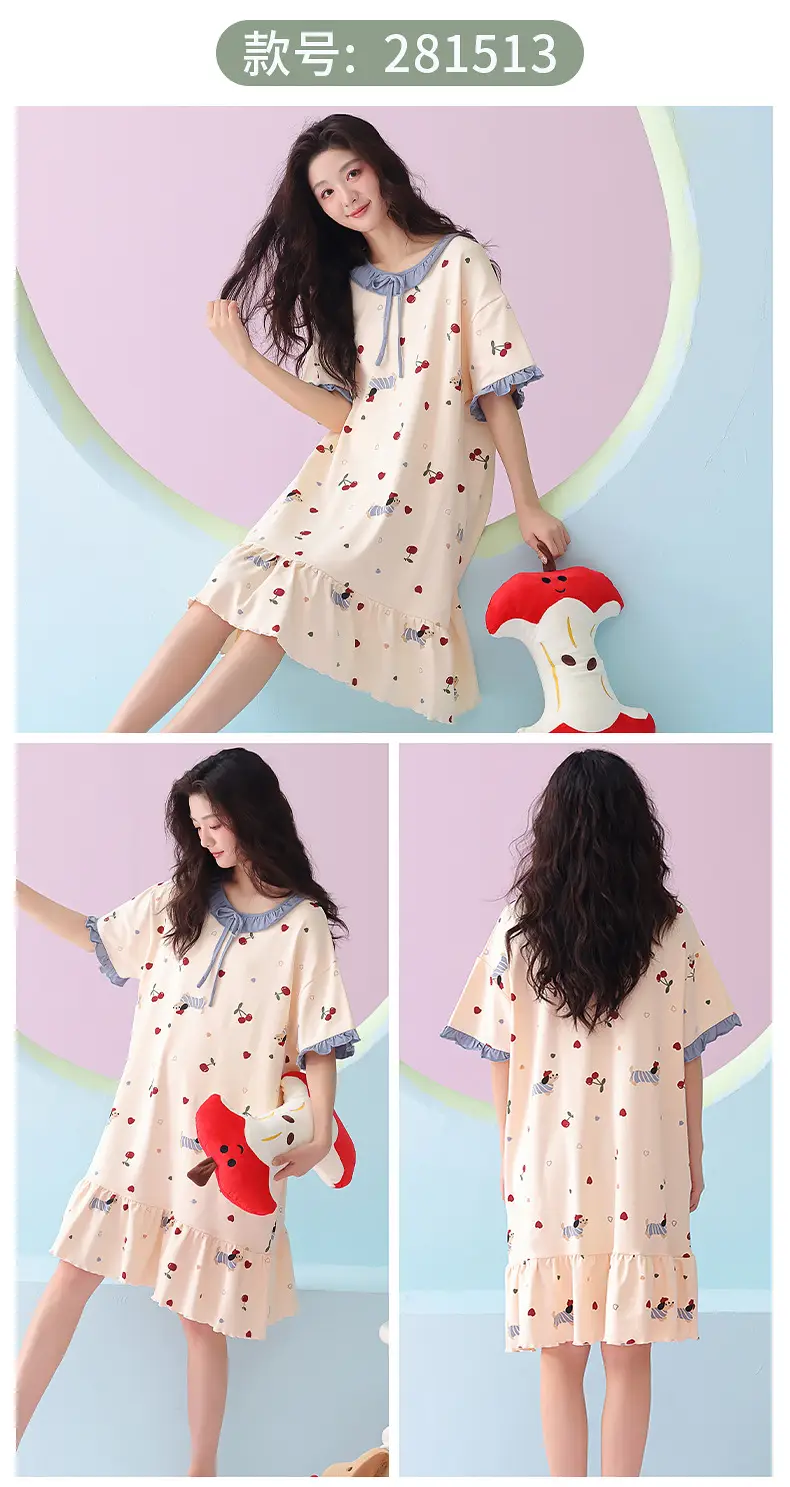 [Pure Cotton] Nightgown Summer Women's Anti-running Pajamas with Chest Pad Women's Cotton Loose plus size Midi Dress for Outer Wear — feature 17
