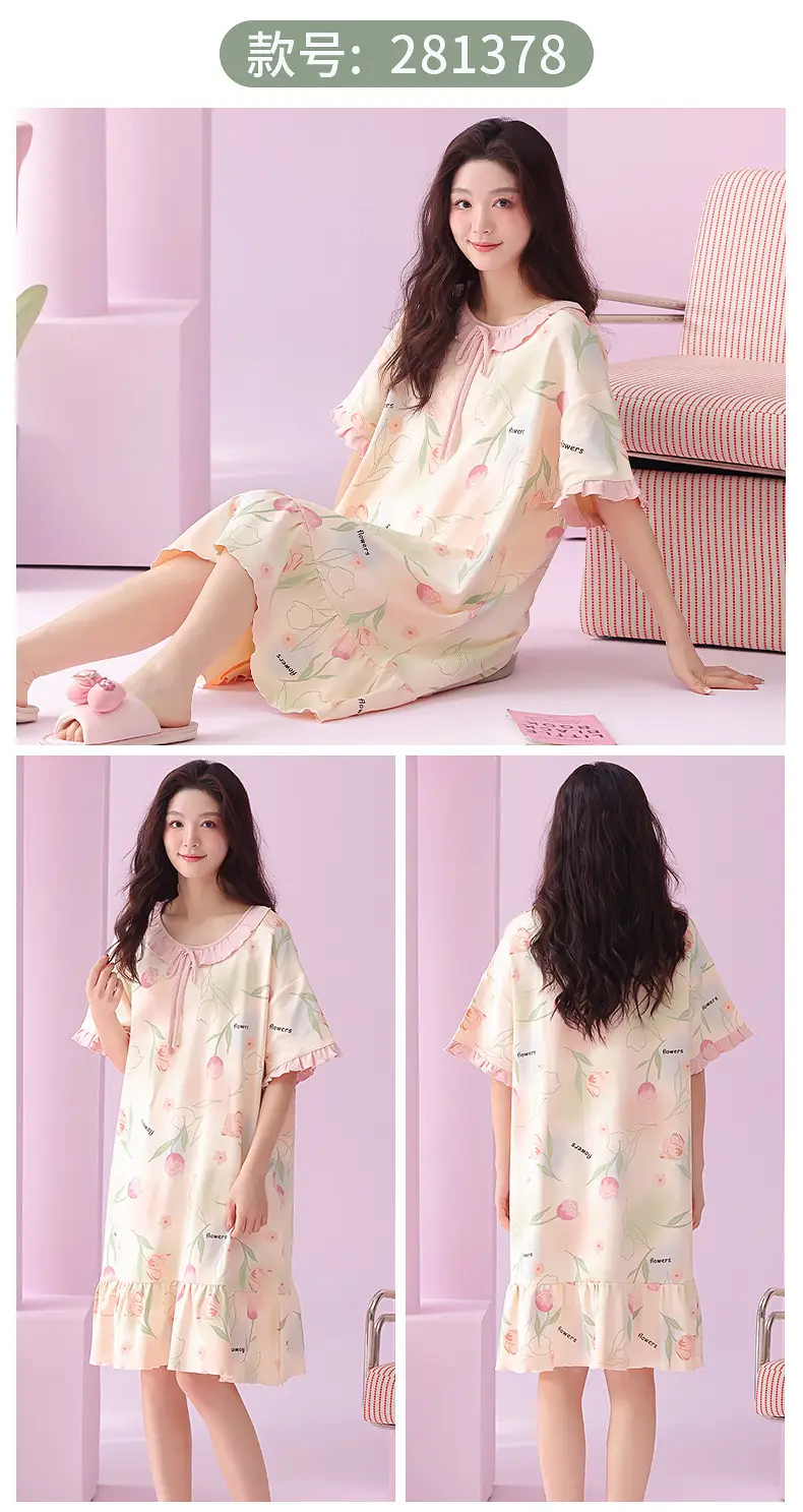 [Pure Cotton] Nightgown Summer Women's Anti-running Pajamas with Chest Pad Women's Cotton Loose plus size Midi Dress for Outer Wear — feature 18