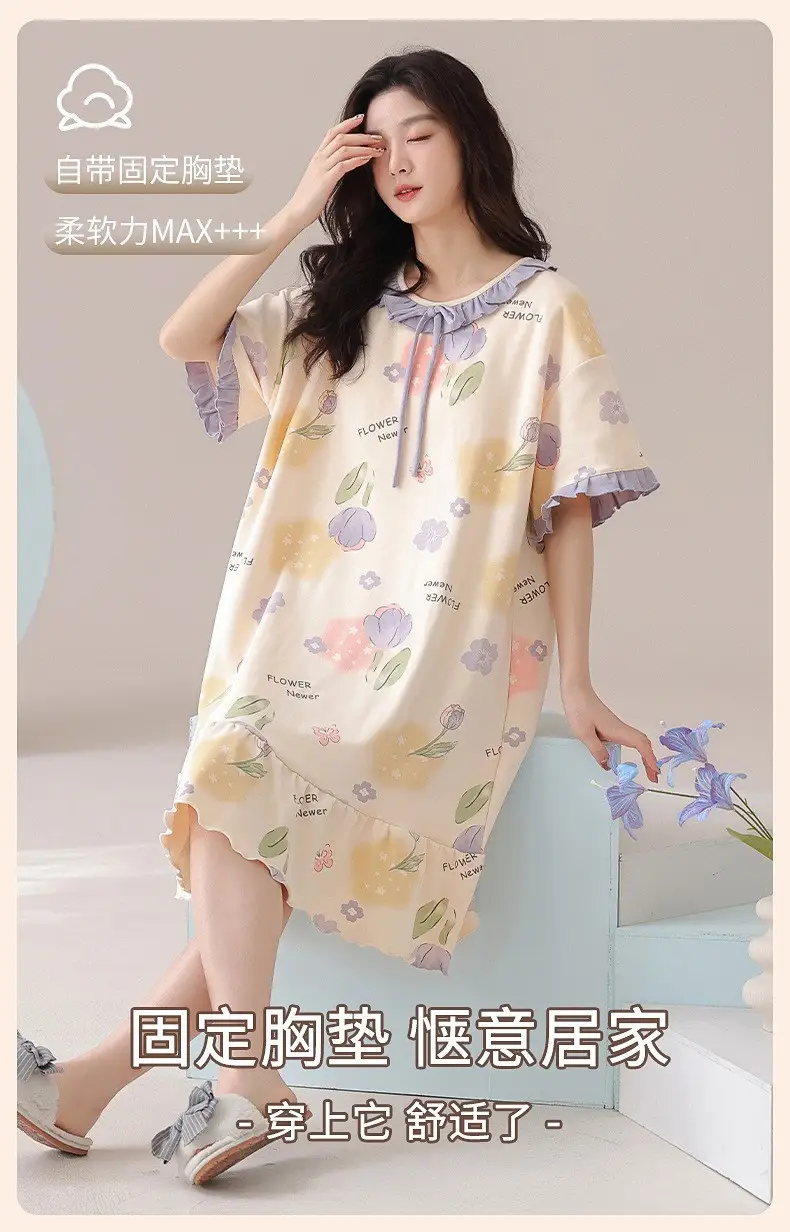 [Pure Cotton] Nightgown Summer Women's Anti-running Pajamas with Chest Pad Women's Cotton Loose plus size Midi Dress for Outer Wear — feature 2