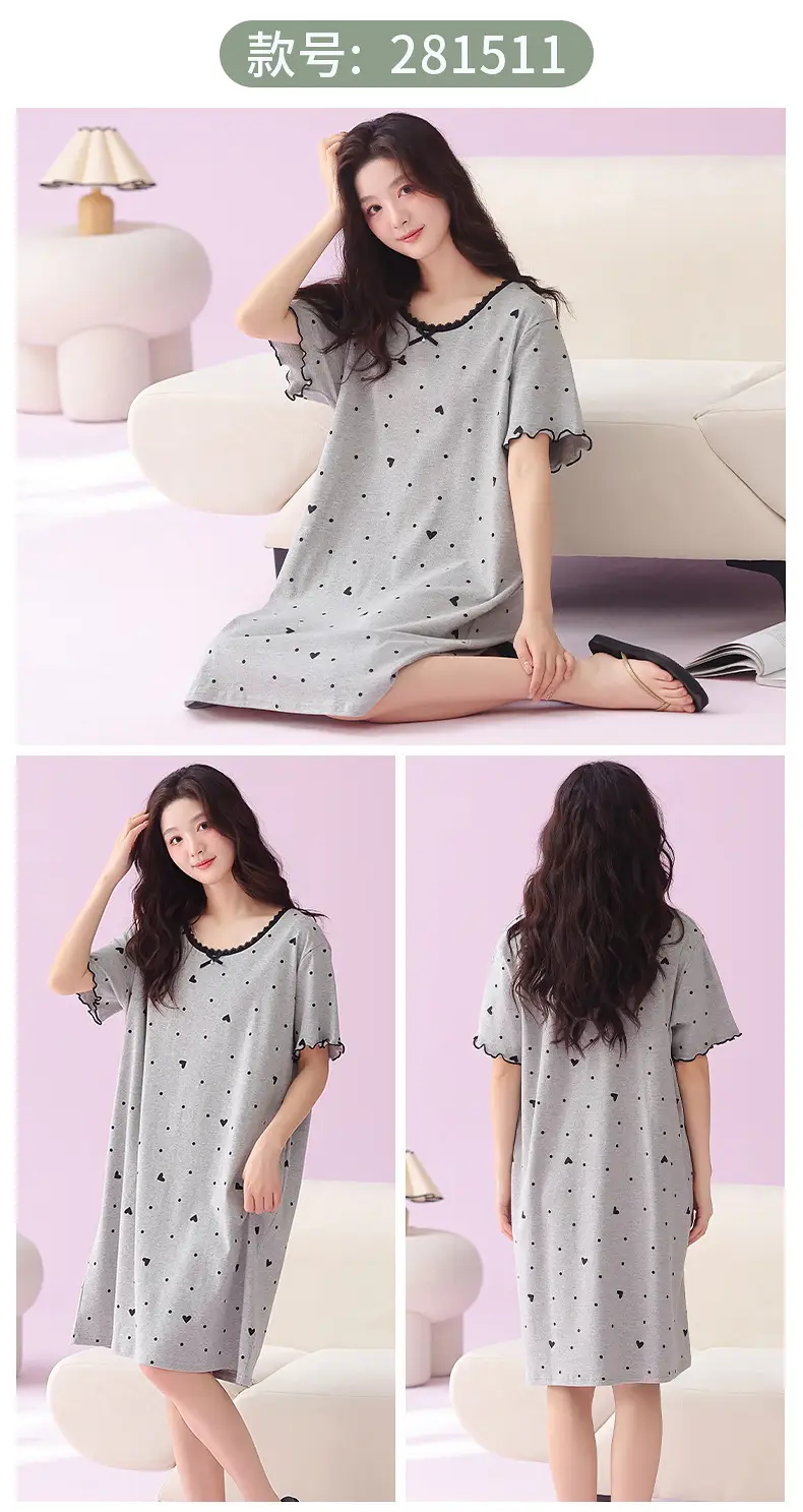 [Pure Cotton] Nightgown Summer Women's Anti-running Pajamas with Chest Pad Women's Cotton Loose plus size Midi Dress for Outer Wear — feature 20