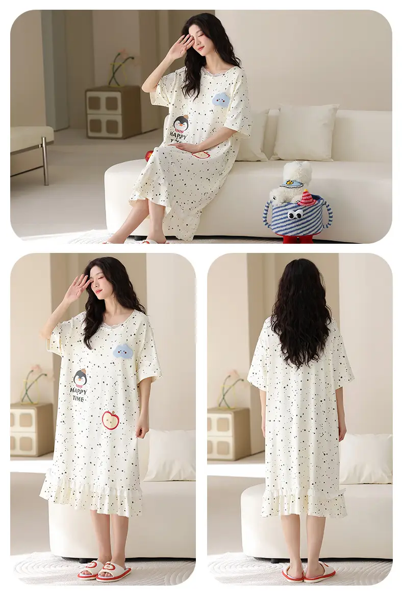 [Pure Cotton] Nightgown Summer Women's Anti-running Pajamas with Chest Pad Women's Cotton Loose plus size Midi Dress for Outer Wear — feature 21