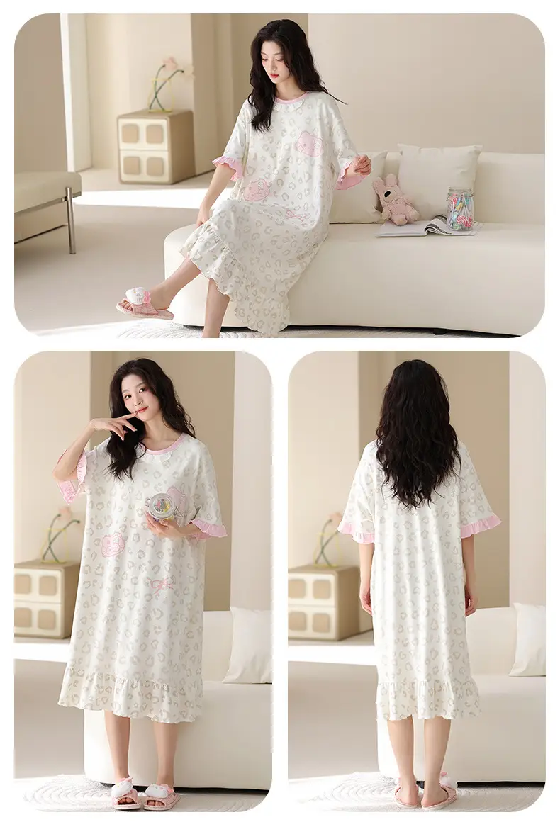 [Pure Cotton] Nightgown Summer Women's Anti-running Pajamas with Chest Pad Women's Cotton Loose plus size Midi Dress for Outer Wear — feature 22