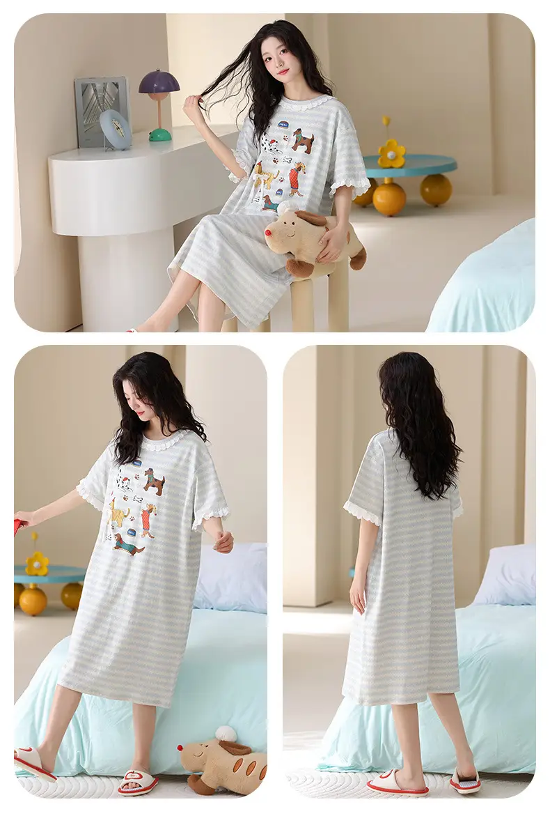 [Pure Cotton] Nightgown Summer Women's Anti-running Pajamas with Chest Pad Women's Cotton Loose plus size Midi Dress for Outer Wear — feature 23