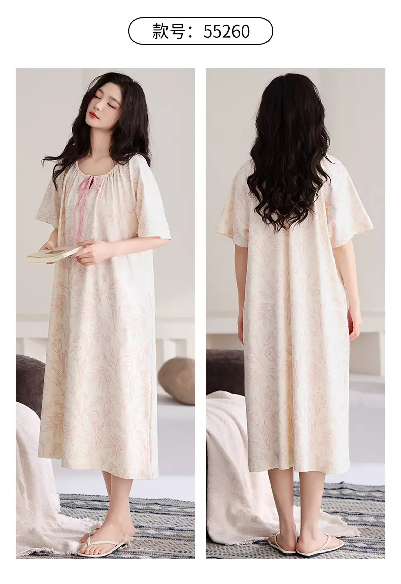 [Pure Cotton] Nightgown Summer Women's Anti-running Pajamas with Chest Pad Women's Cotton Loose plus size Midi Dress for Outer Wear — feature 24