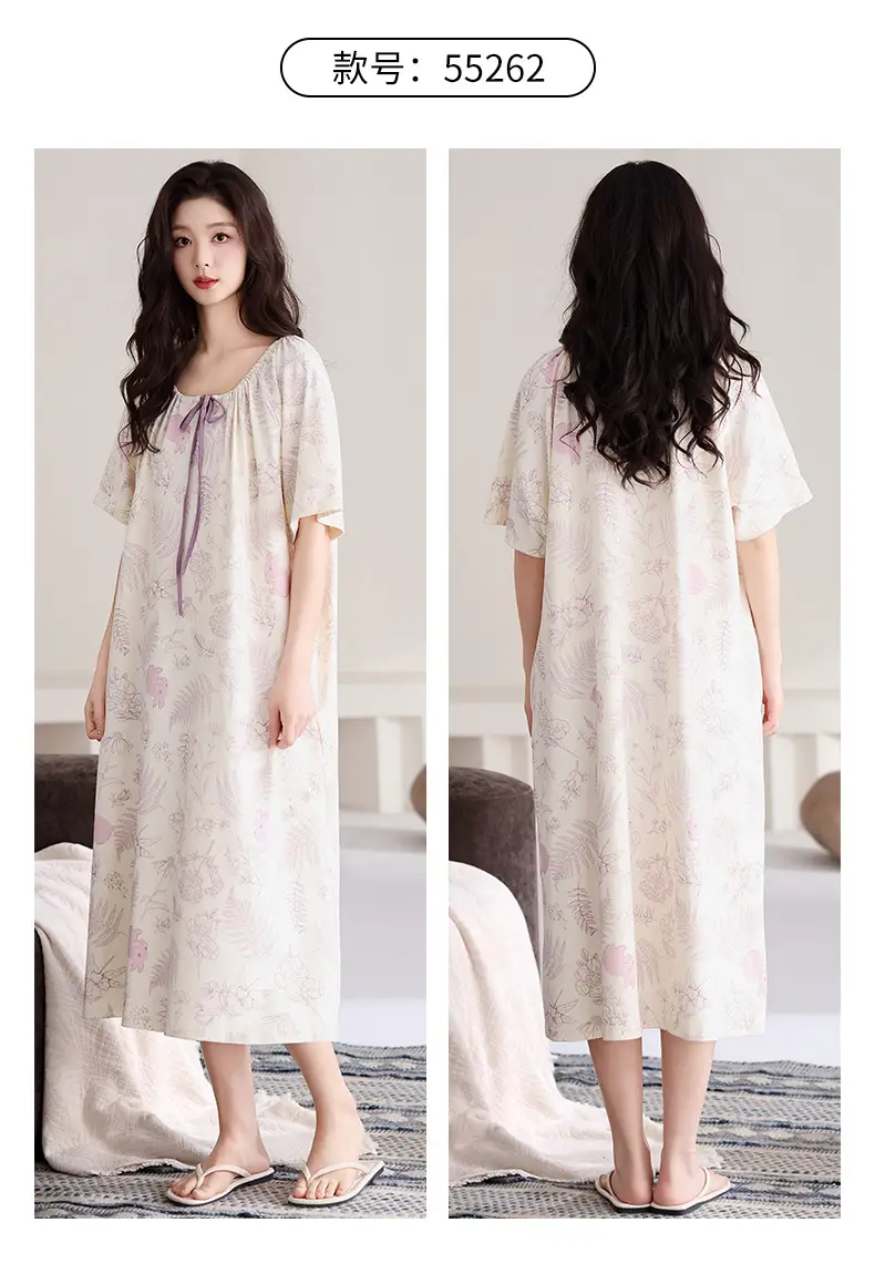 [Pure Cotton] Nightgown Summer Women's Anti-running Pajamas with Chest Pad Women's Cotton Loose plus size Midi Dress for Outer Wear — feature 25