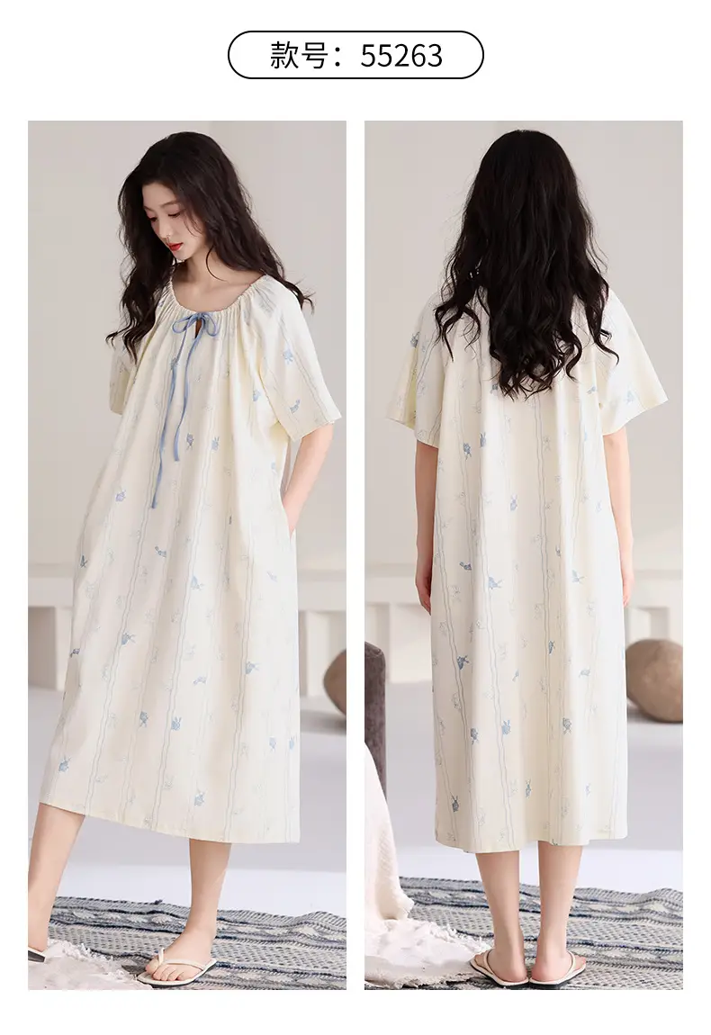 [Pure Cotton] Nightgown Summer Women's Anti-running Pajamas with Chest Pad Women's Cotton Loose plus size Midi Dress for Outer Wear — feature 26