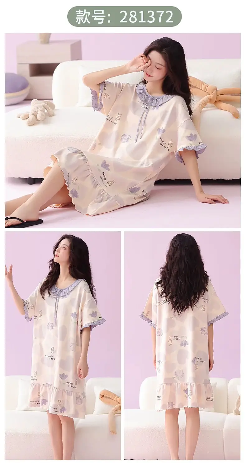 [Pure Cotton] Nightgown Summer Women's Anti-running Pajamas with Chest Pad Women's Cotton Loose plus size Midi Dress for Outer Wear — feature 27