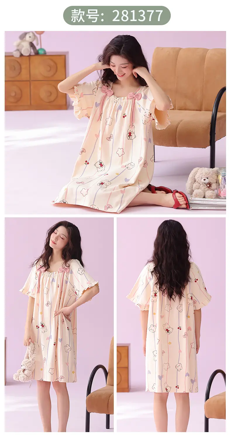 [Pure Cotton] Nightgown Summer Women's Anti-running Pajamas with Chest Pad Women's Cotton Loose plus size Midi Dress for Outer Wear — feature 28