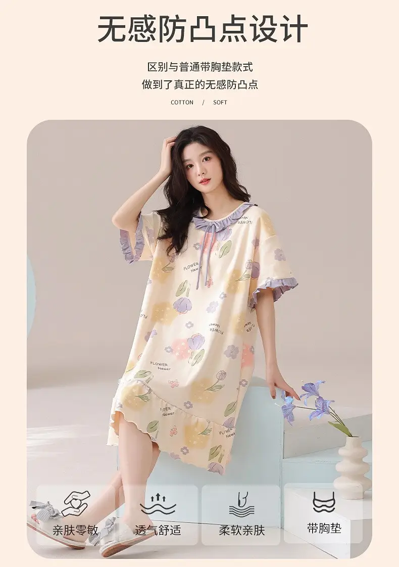 [Pure Cotton] Nightgown Summer Women's Anti-running Pajamas with Chest Pad Women's Cotton Loose plus size Midi Dress for Outer Wear — feature 4