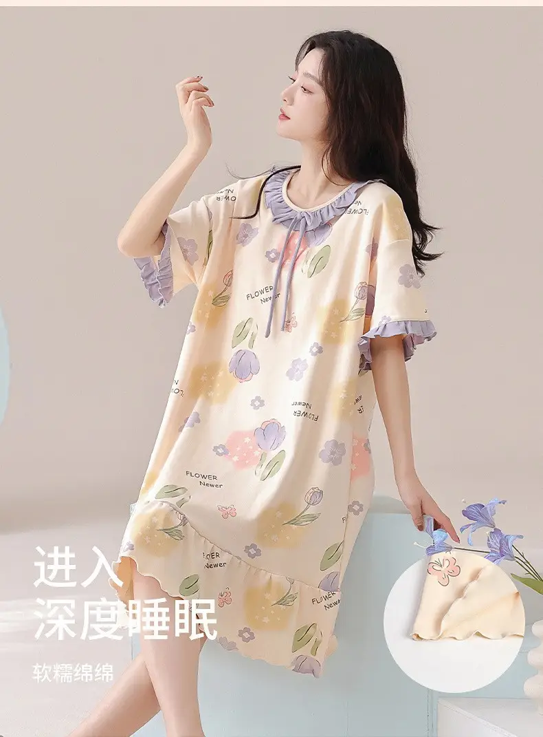 [Pure Cotton] Nightgown Summer Women's Anti-running Pajamas with Chest Pad Women's Cotton Loose plus size Midi Dress for Outer Wear — feature 9