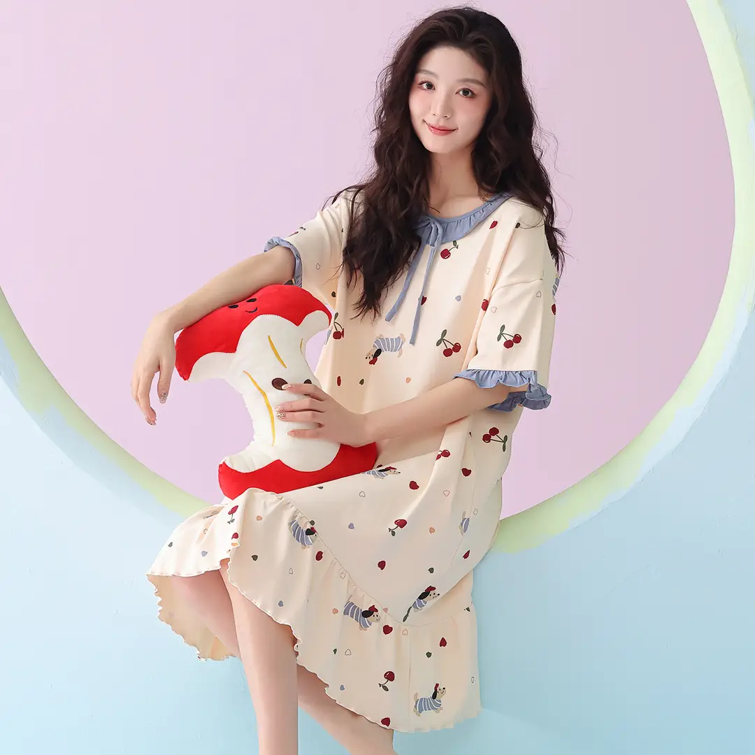 [Pure Cotton] Nightgown Summer Women's Anti-running Pajamas with Chest Pad Women's Cotton Loose plus size Midi Dress for Outer Wear
