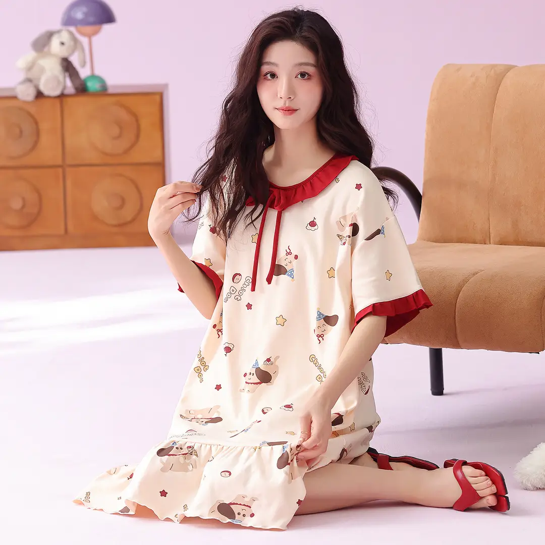 [Pure Cotton] Nightgown Summer Women's Anti-running Pajamas with Chest Pad Women's Cotton Loose plus size Midi Dress for Outer Wear