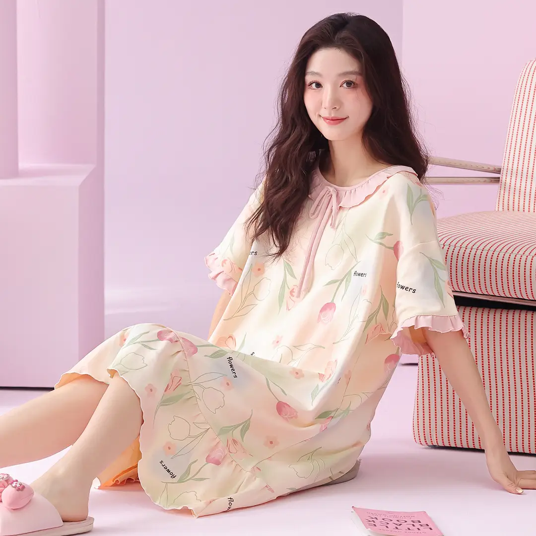 [Pure Cotton] Nightgown Summer Women's Anti-running Pajamas with Chest Pad Women's Cotton Loose plus size Midi Dress for Outer Wear