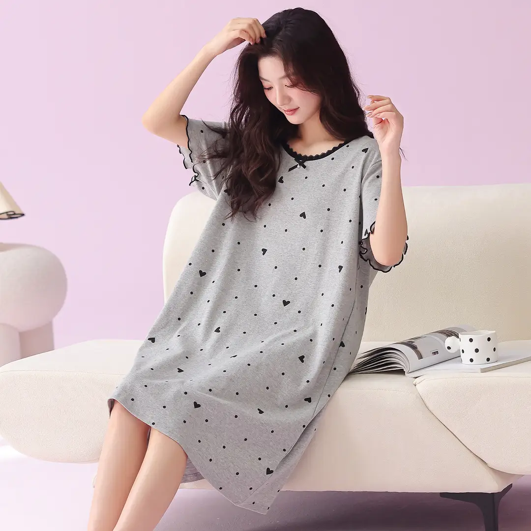 [Pure Cotton] Nightgown Summer Women's Anti-running Pajamas with Chest Pad Women's Cotton Loose plus size Midi Dress for Outer Wear