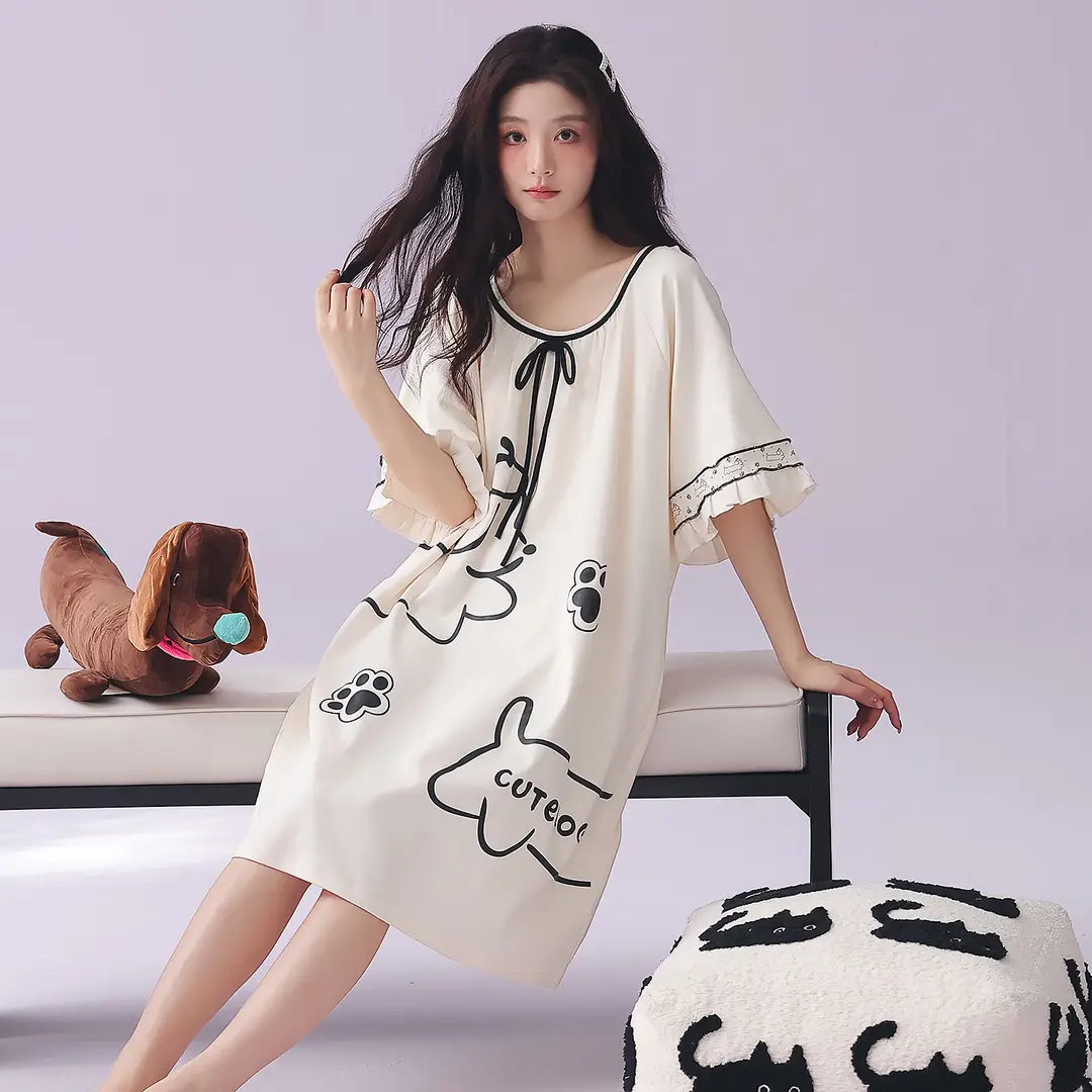 [Pure Cotton] Nightgown Summer Women's Anti-running Pajamas with Chest Pad Women's Cotton Loose plus size Midi Dress for Outer Wear