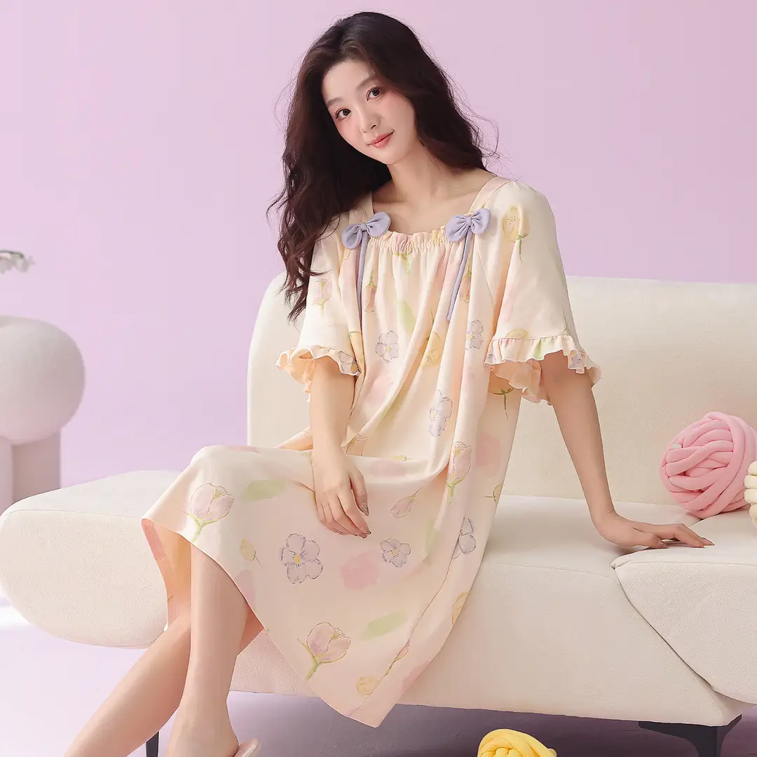 [Pure Cotton] Nightgown Summer Women's Anti-running Pajamas with Chest Pad Women's Cotton Loose plus size Midi Dress for Outer Wear