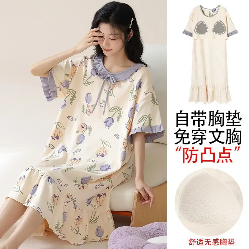 [Pure Cotton] Nightgown Summer Women's Anti-running Pajamas with Chest Pad Women's Cotton Loose plus size Midi Dress for Outer Wear