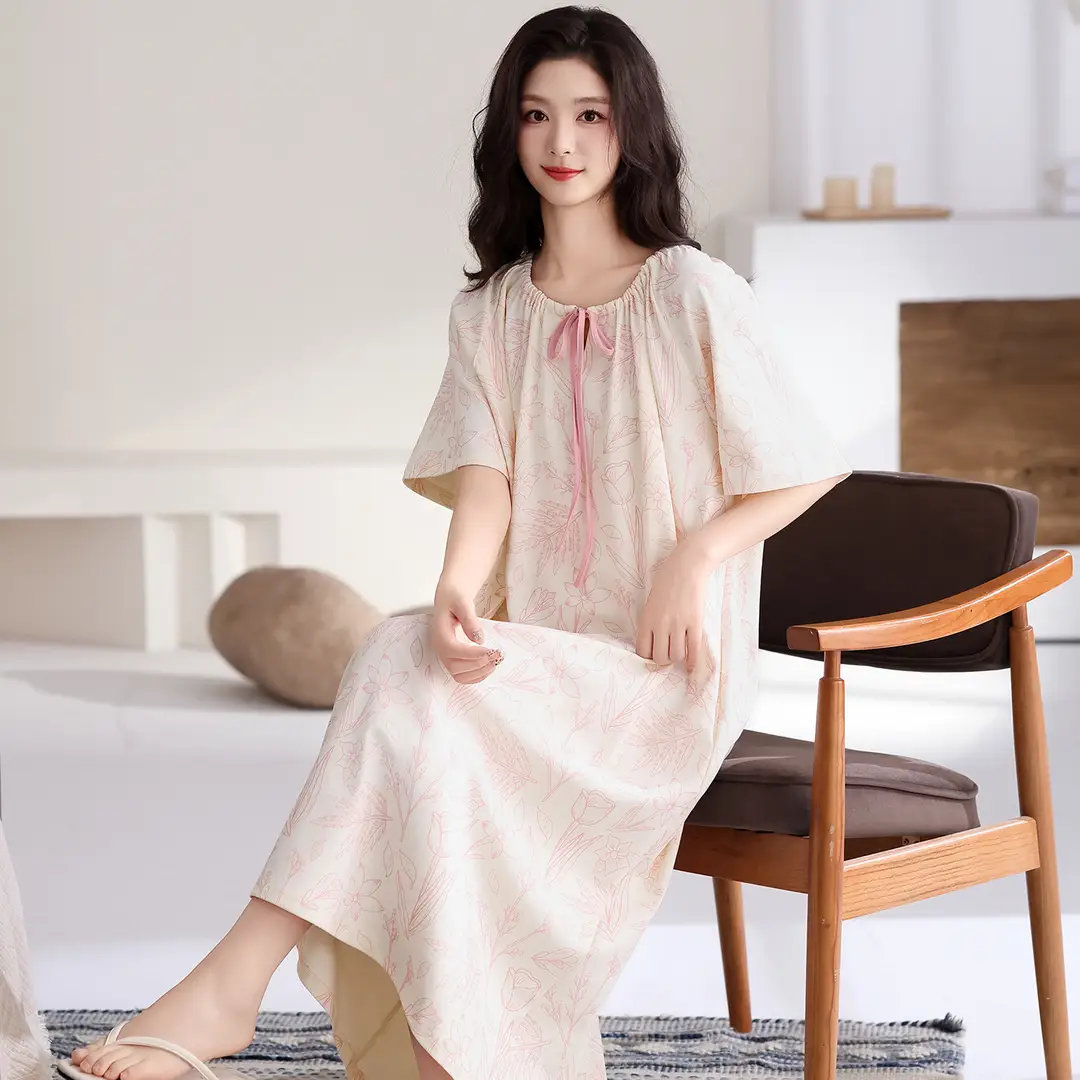 [Pure Cotton] Nightgown Summer Women's Anti-running Pajamas with Chest Pad Women's Cotton Loose plus size Midi Dress for Outer Wear
