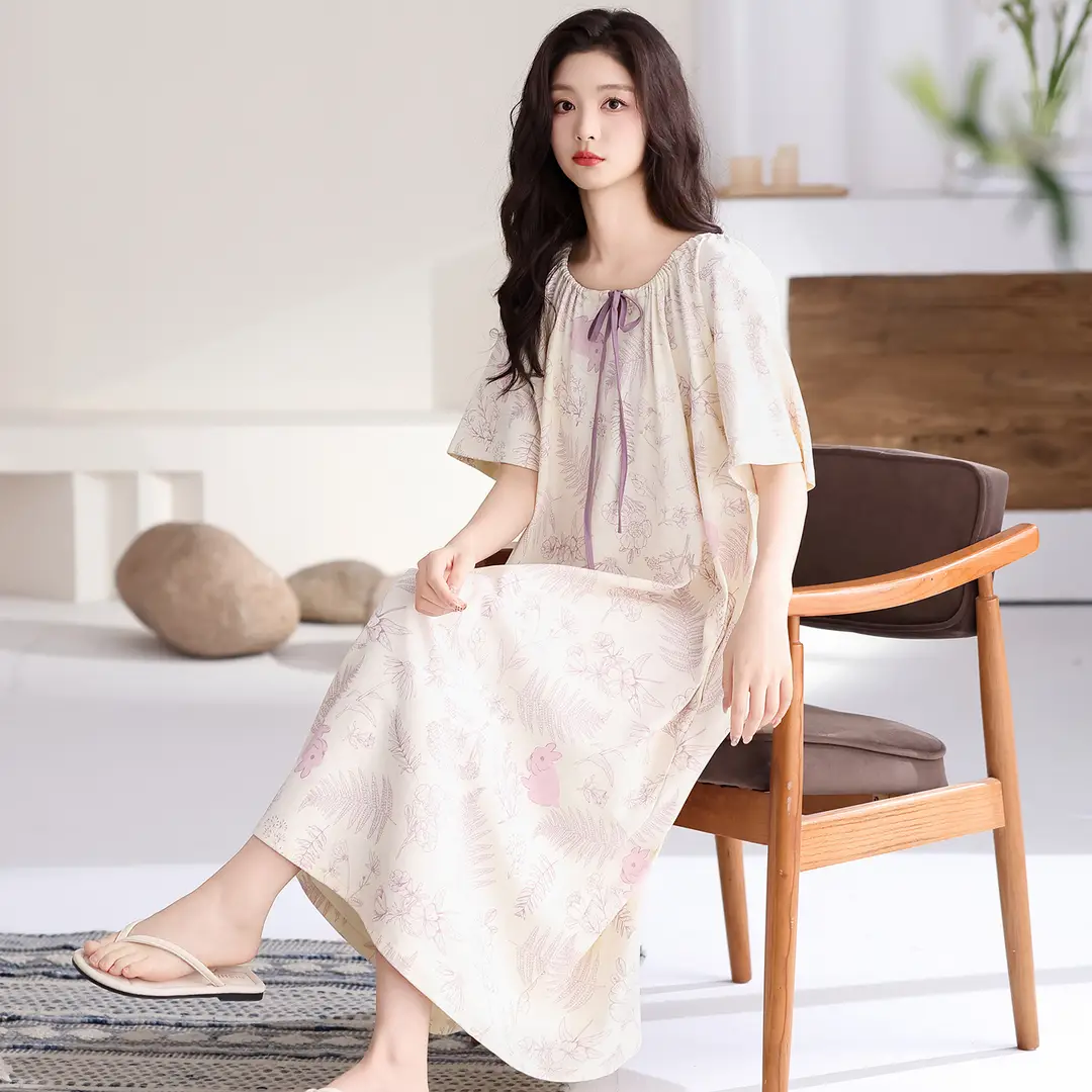 [Pure Cotton] Nightgown Summer Women's Anti-running Pajamas with Chest Pad Women's Cotton Loose plus size Midi Dress for Outer Wear