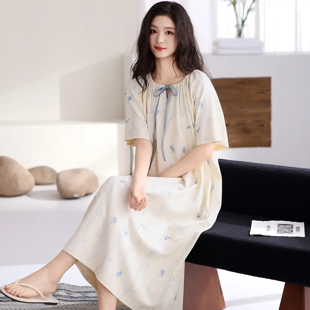 [Pure Cotton] Nightgown Summer Women's Anti-running Pajamas with Chest Pad Women's Cotton Loose plus size Midi Dress for Outer Wear