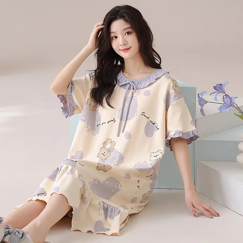 [Pure Cotton] Nightgown Summer Women's Anti-running Pajamas with Chest Pad Women's Cotton Loose plus size Midi Dress for Outer Wear