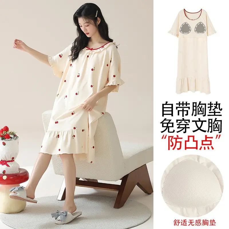 [Pure Cotton] Nightgown Summer Women's Anti-running Pajamas with Chest Pad Women's Cotton Loose plus size Midi Dress for Outer Wear
