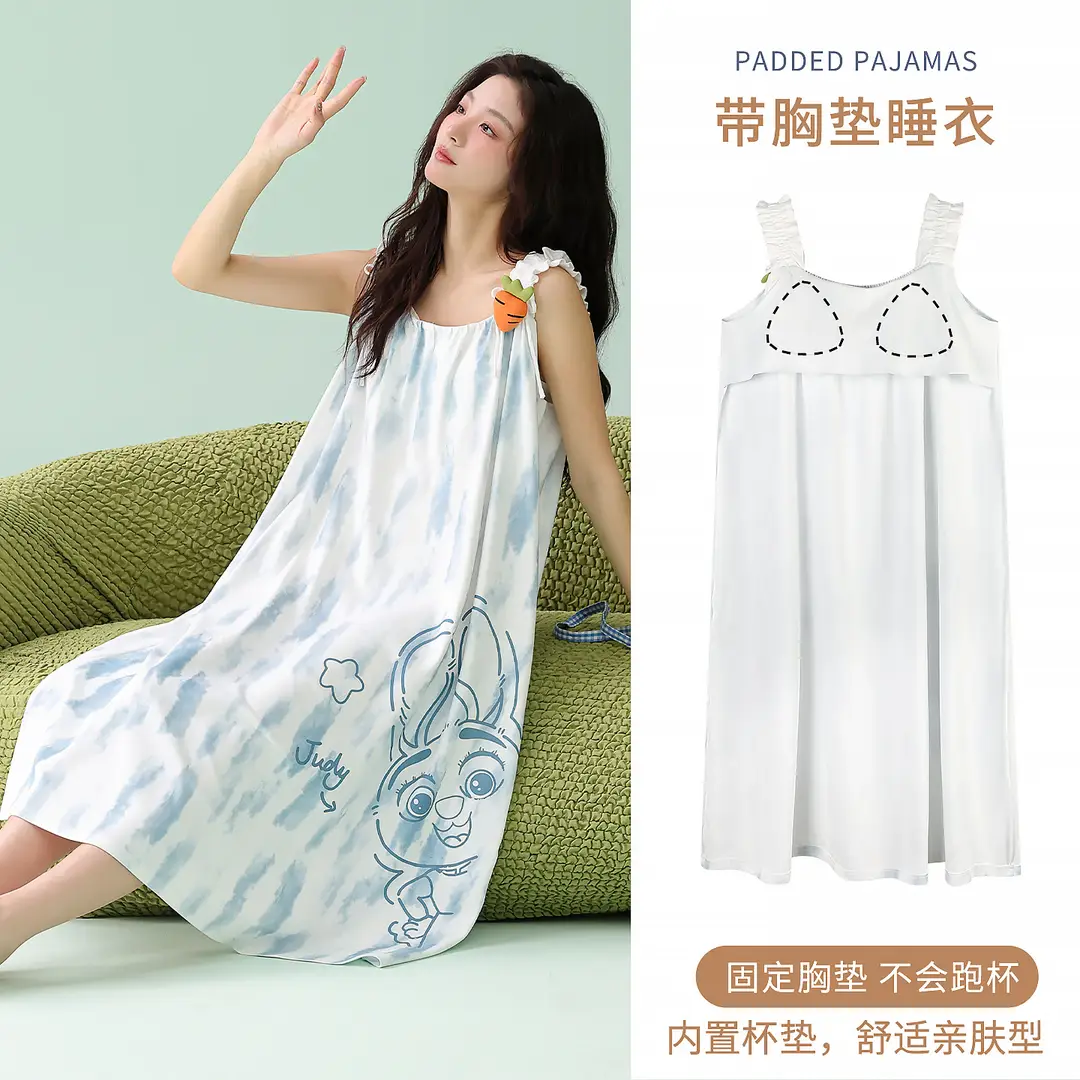 [Pure Cotton] Nightgown Summer Women's Anti-running Pajamas with Chest Pad Women's Cotton Loose plus size Midi Dress for Outer Wear