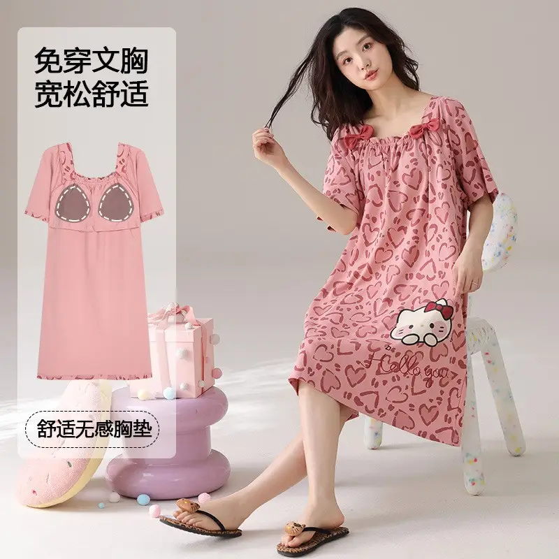[Pure Cotton] Nightgown Summer Women's Anti-running Pajamas with Chest Pad Women's Cotton Loose plus size Midi Dress for Outer Wear