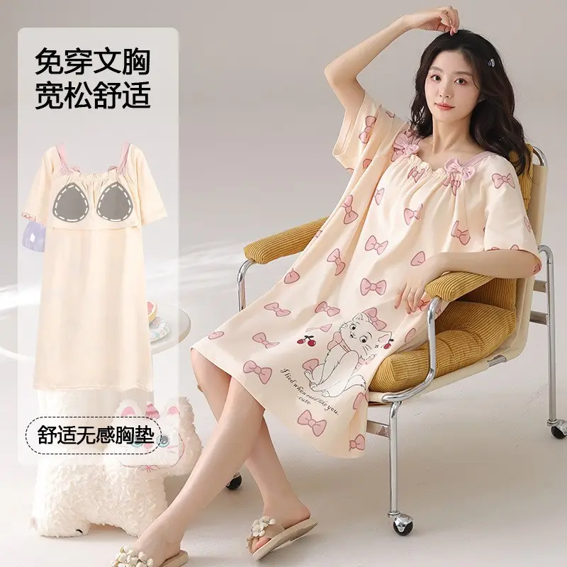 [Pure Cotton] Nightgown Summer Women's Anti-running Pajamas with Chest Pad Women's Cotton Loose plus size Midi Dress for Outer Wear