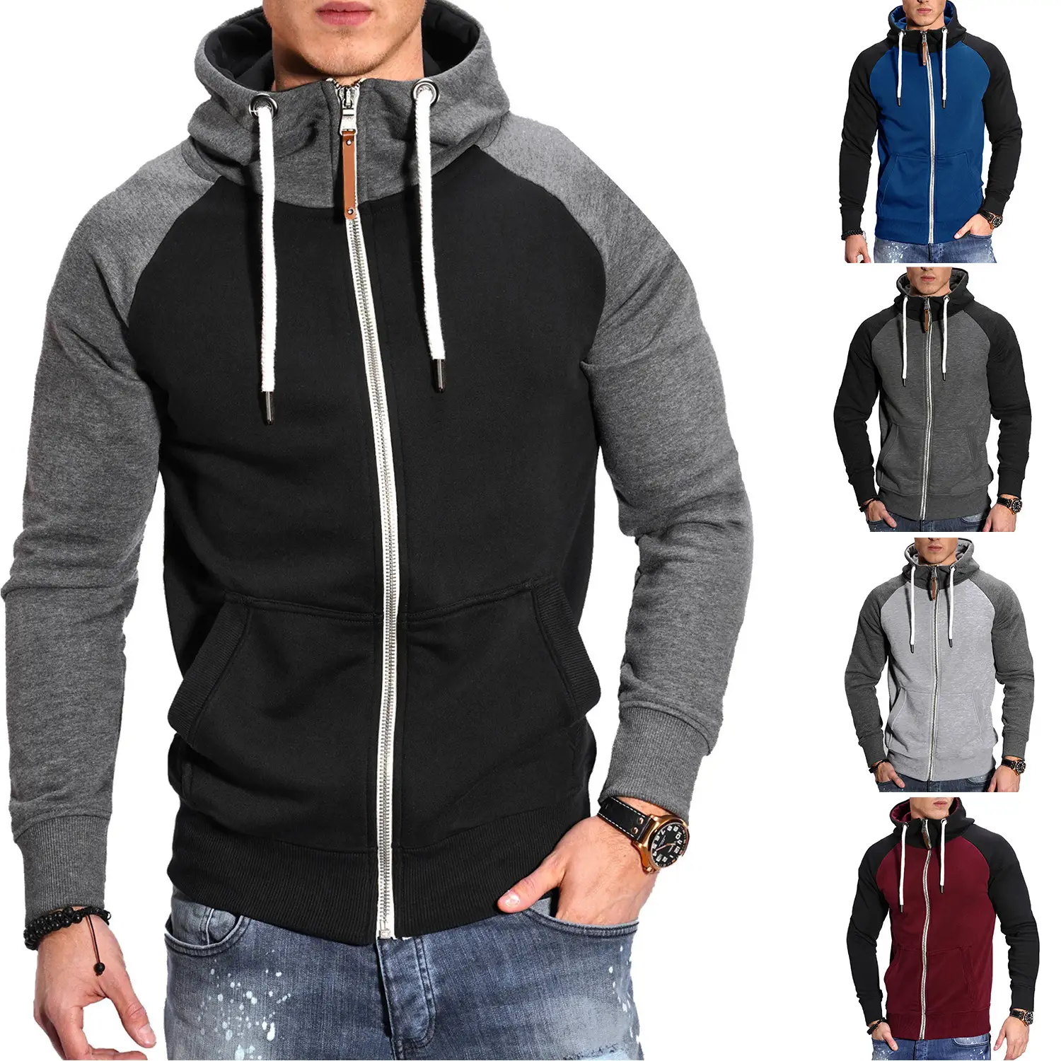 Men's Blue Black Hoodie Sweatshirt Set with Zip Front - Image 10