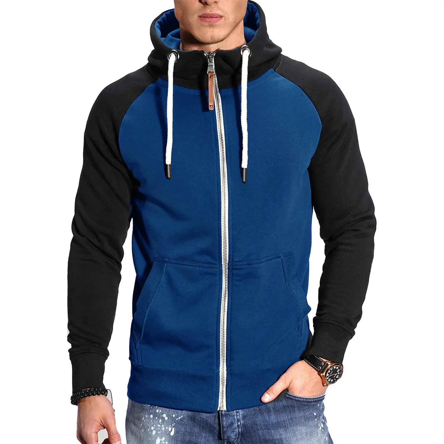 Men's Blue Black Hoodie Sweatshirt Set with Zip Front - Image 11