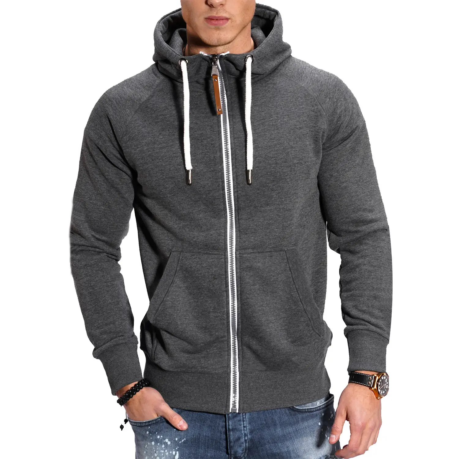 Men's Blue Black Hoodie Sweatshirt Set with Zip Front - Image 14
