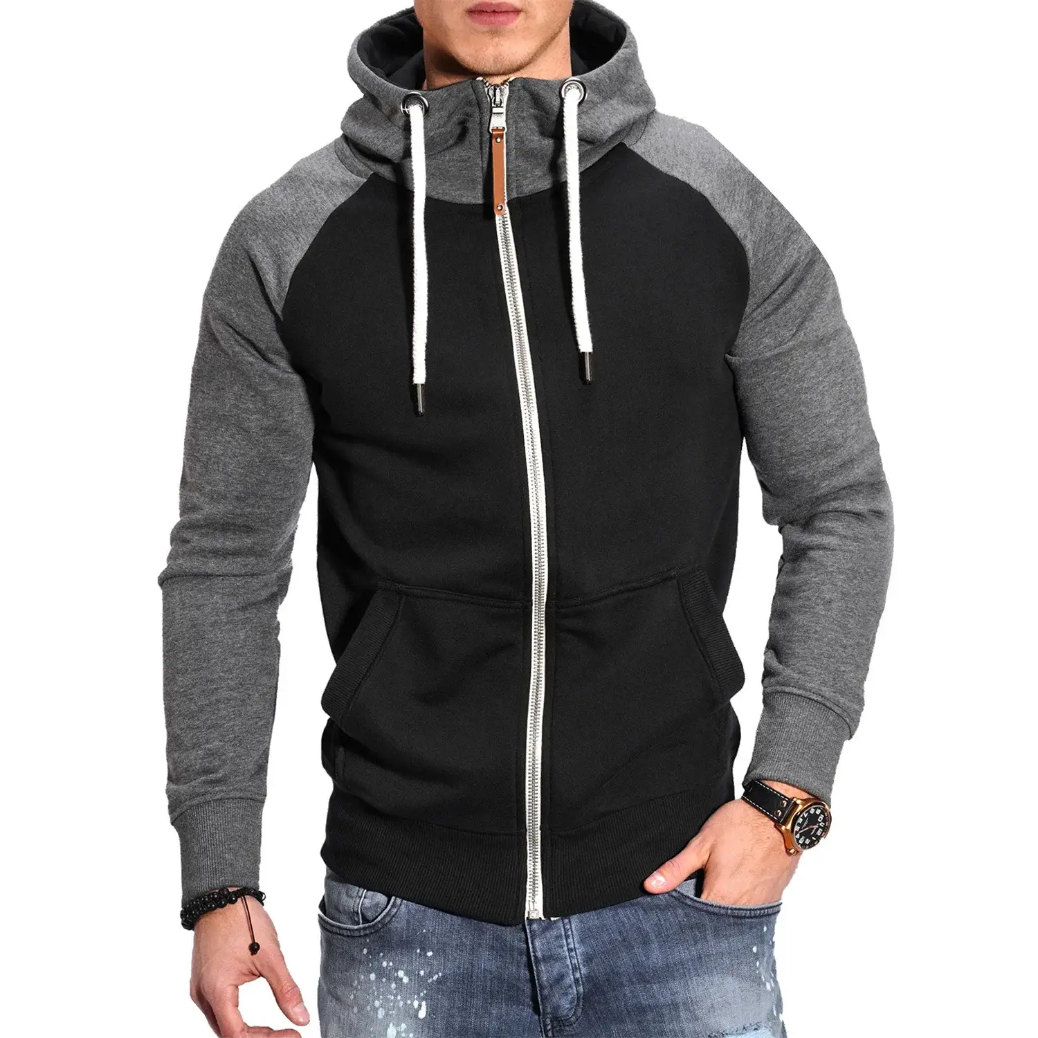 Men's Blue Black Hoodie Sweatshirt Set with Zip Front — feature 12